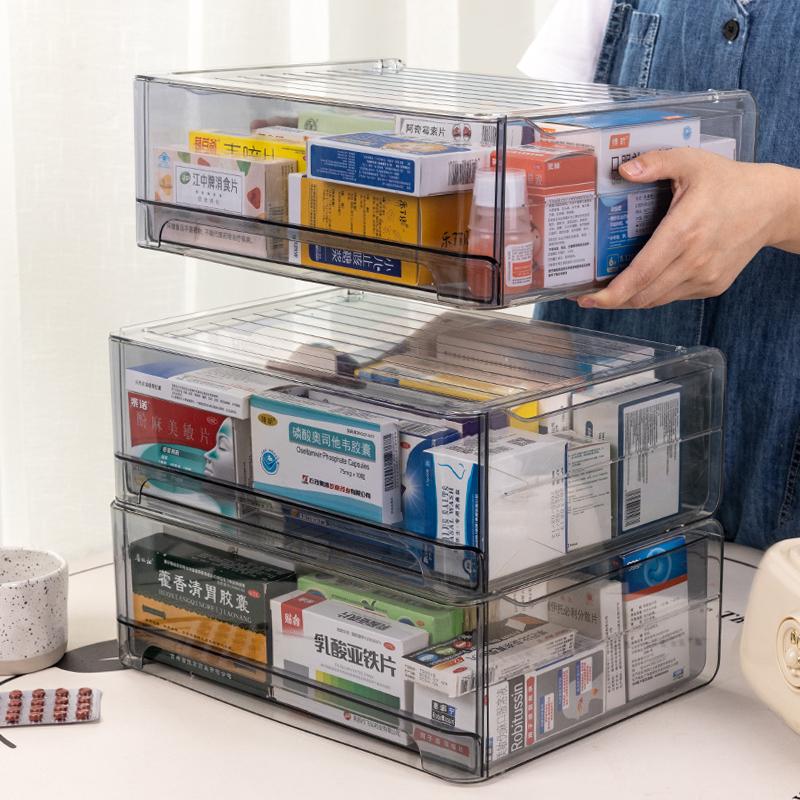 1 Stück graue Schubladen-Acryl-Medikamentenaufbewahrungsbox, stapelbare Medikamentensortierbox mit großem Fassungsvermögen, ausziehbare Medikamentenbox