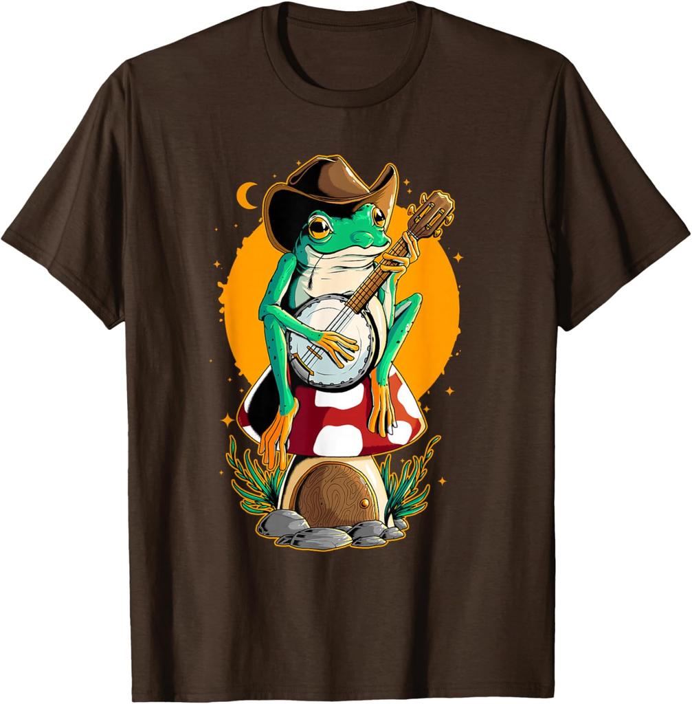 Cowboy Frog Playing Banjo Mushroom House Graphic T-Shirt Retro Cottagecore Aesthetic Casual Cotton Tee