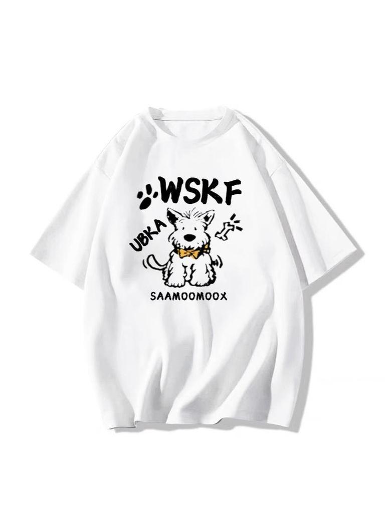 Damski T-shirt z ciężkiej bawełny z nadrukiem retro szczeniaczka, Kolekcja Lato 2025, Luźny krój, Krótki rękaw.