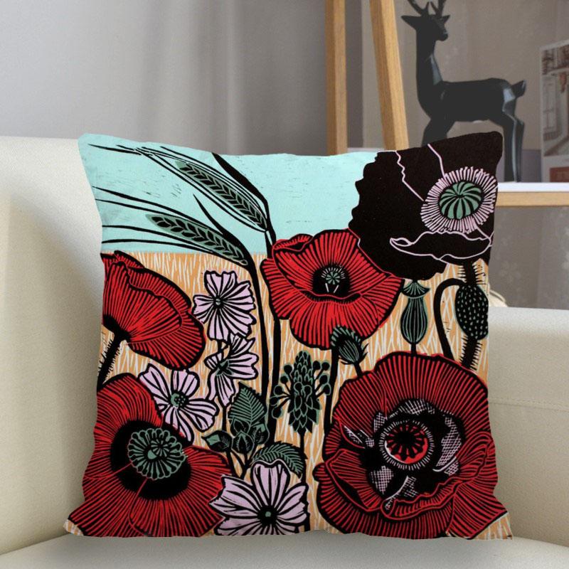 Bedroom Living Room Home Decor Cushion Cover Poppy Flower Pattern Pillowcase Square