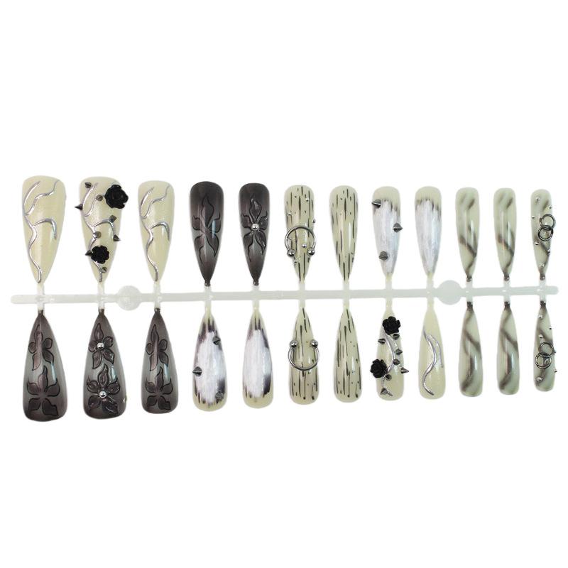 Cross-border Long-pointed Goth Style Wearing Nail Piece Cool Dark Rose Steel Ball Nail Piece Patch Wearable Nail Art