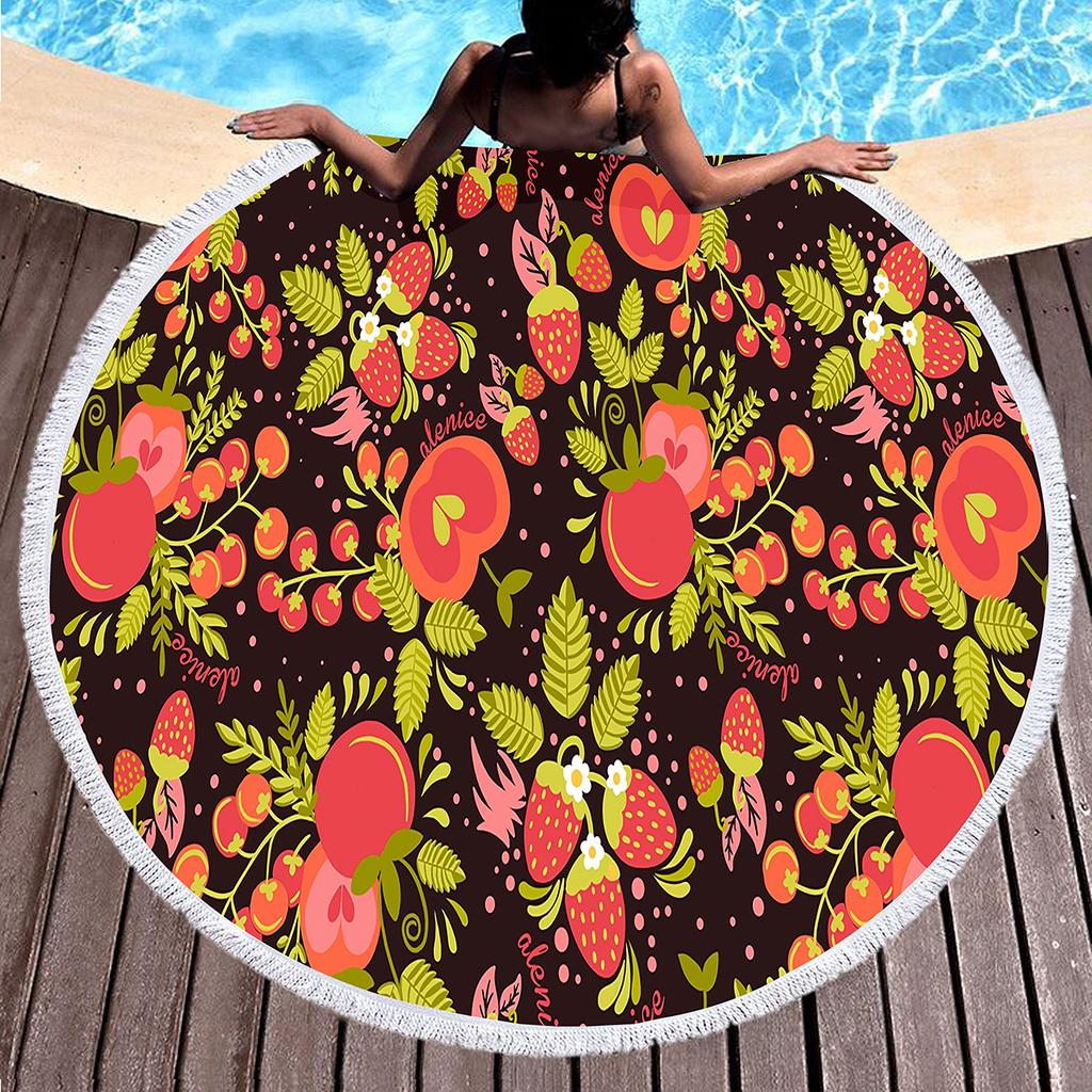 Sweet Cartoon Strawberry Round Beach Towel,Polyester Sand Resistant Beach Blanket,Soft Absorbent Quick Dry Pool Towel Picnic Mat