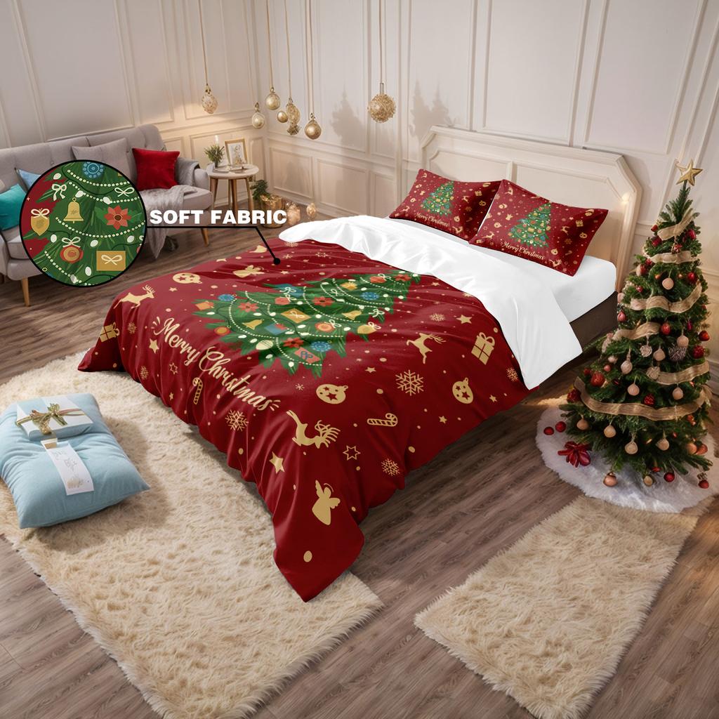 3pcs Christmas Tree Red Printed coreless Bedding Set Bedroom Dormitory 1 Duvet Cover 2 Pillowcases Machine Washabl