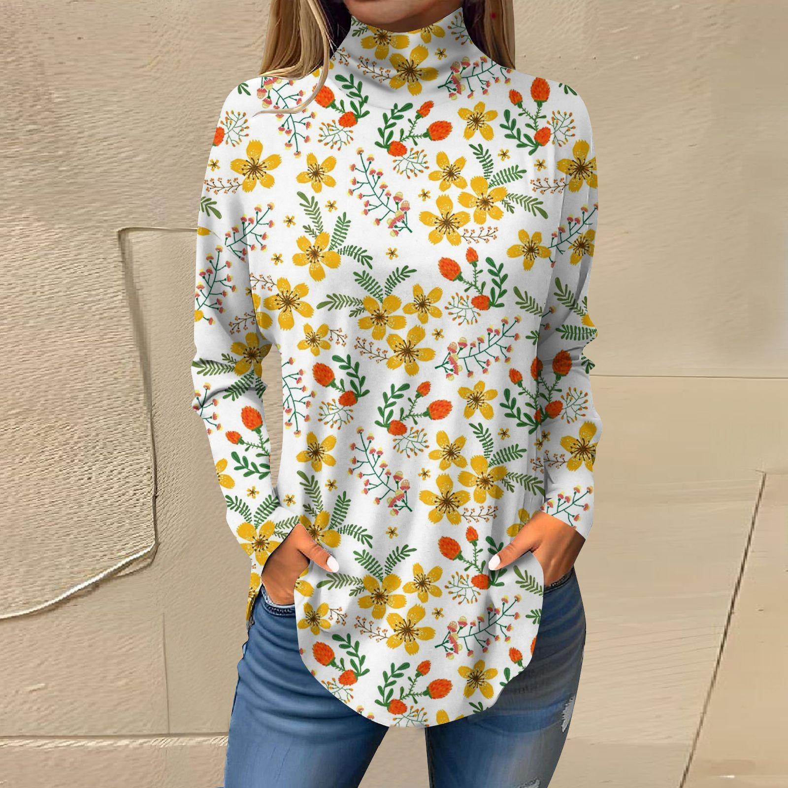 

Жіноча вільна футболка з високим вирізом і квітковим принтом у стилі ретро з довгими рукавами, верхній пуловер XL жовтий
