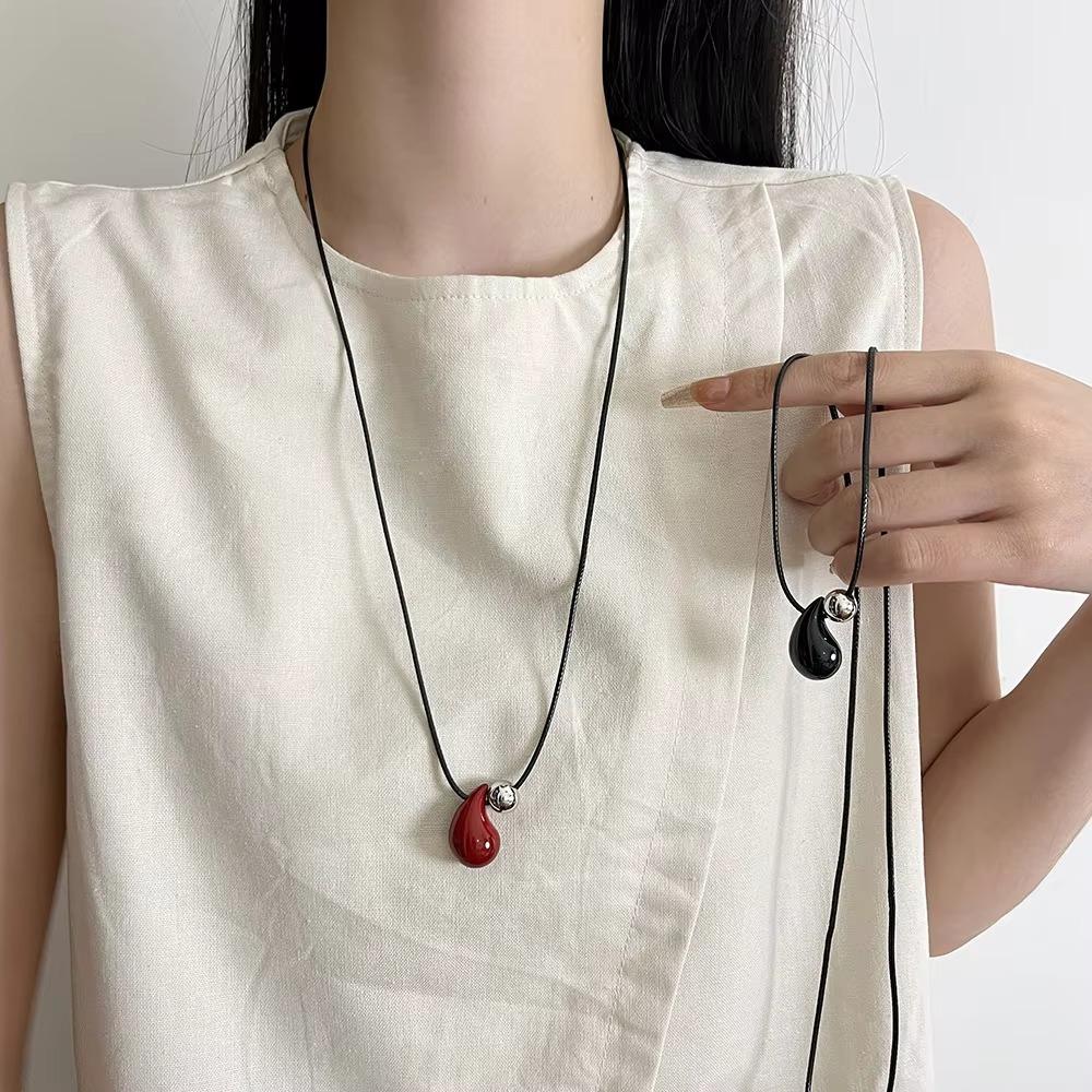Red Water Drop Women Necklace Drawable Black Rope Pendant Necklaces Sweater Chain  Autumn/Winter