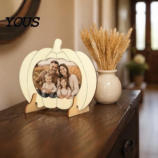 Thanksgiving Table Decoration Wooden Pumpkin Photo Frame, Halloween DIY Paintable Craft for Kids, Blank Handmade Holder Wood Picture Holder,