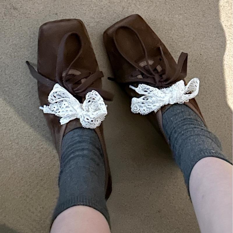 Vintage Lace Mary Jane Small Leather Shoes Women's Square Head Thick Heel Lace-up Ballet Shoes Single Shoes