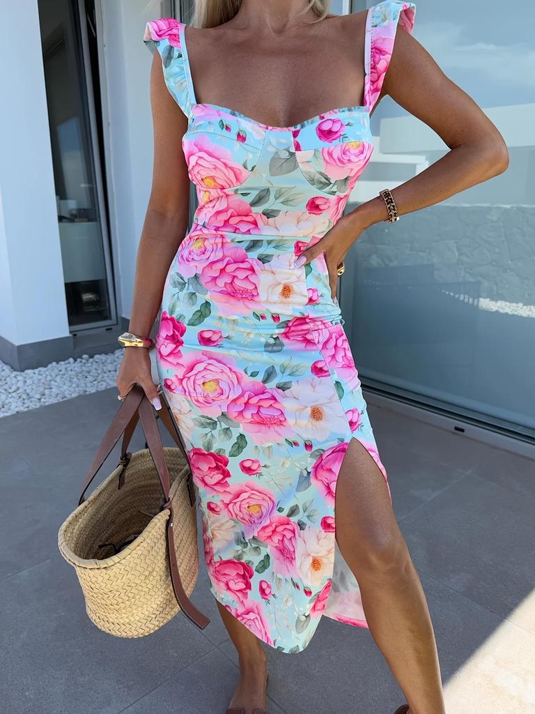 2025 Summer Elegant French Floral Slit Midi Dress