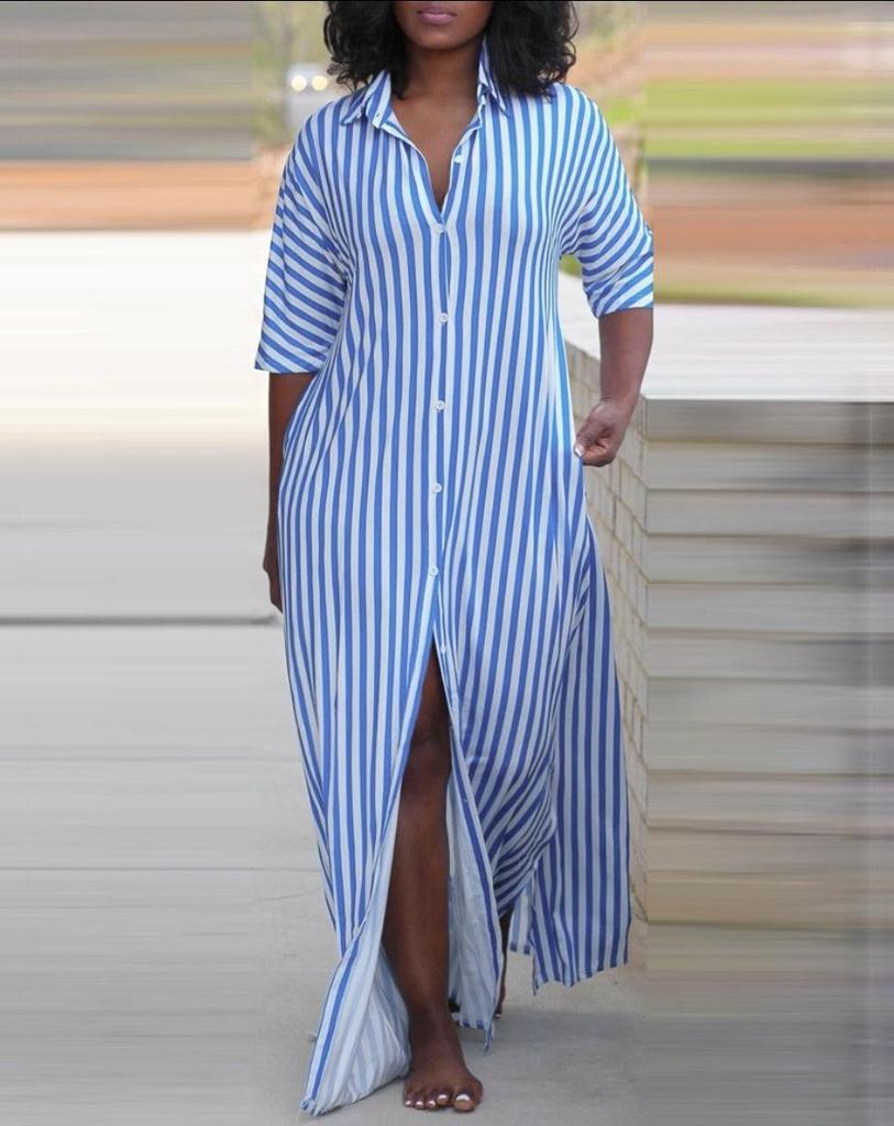 Women's Summer V-Neck Striped Shirt Dress - Loose Fit, Hot Style