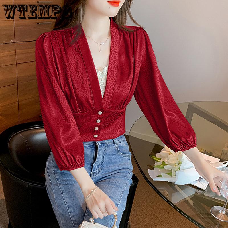 WTEMPO Long Sleeve Stain Blouses Women Korean Leopard Print Long Lantern Sleeve V-neck Shirts New Casual Cropped Tops
