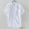 Men's Summer Casual Cotton-Linen Short Sleeve Stand Collar Shirt - Dark Blue Retro Chinese Style