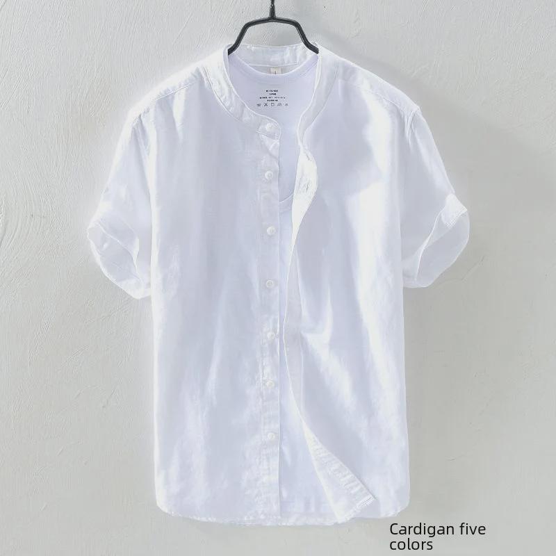 Men's Summer Casual Cotton-Linen Short Sleeve Stand Collar Shirt - Dark Blue Retro Chinese Style