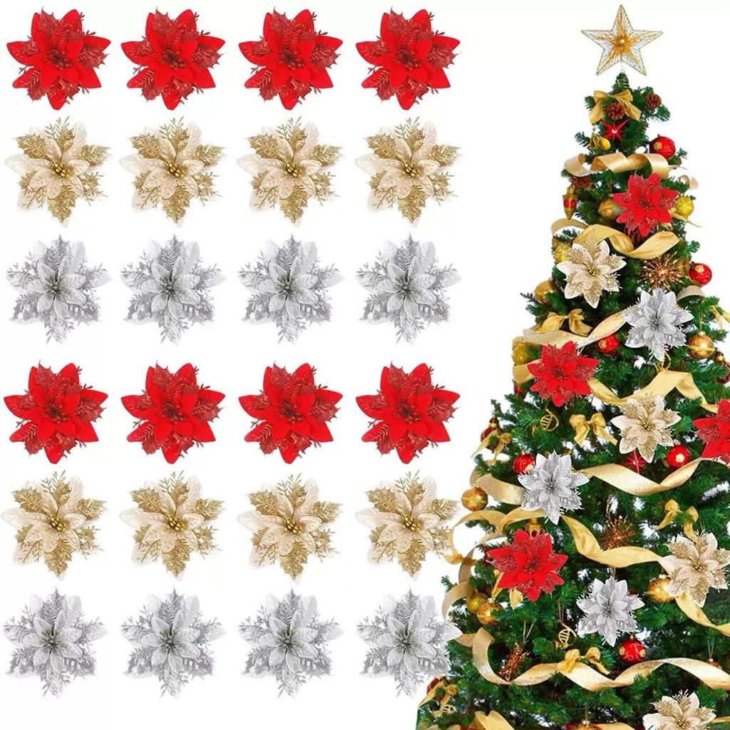 5/10Pcs 14.5cm Christmas Decoration Artifical Flower Ornaments Pink Red Gold Glitter Fake Flowers For Xmas Tree Home Decor