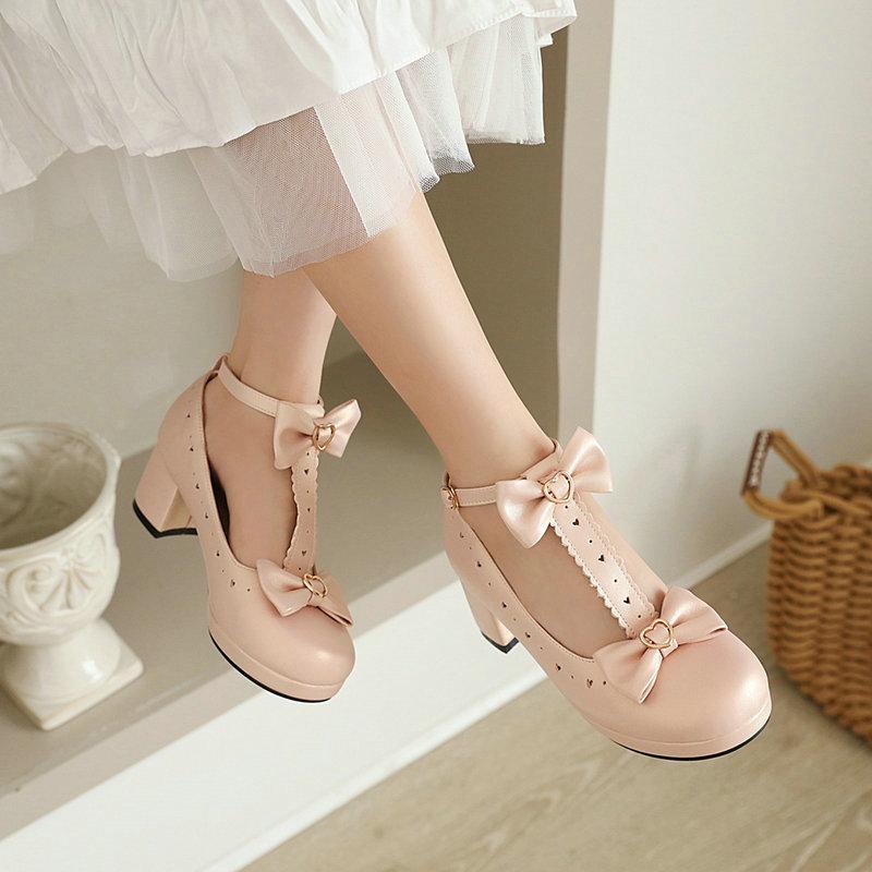 Sweet T Strap Mary Jane Girls Shoes Woman Student Low Heels Round Toe Pumps Women Red Bow Buckle Princess Lolita Shoes Size30-43