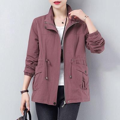 Double Layer Women Plus Size Spring Autumn Korean Plus Size Lining Windbreaker Drawstring Waist Stand Collar Jacket