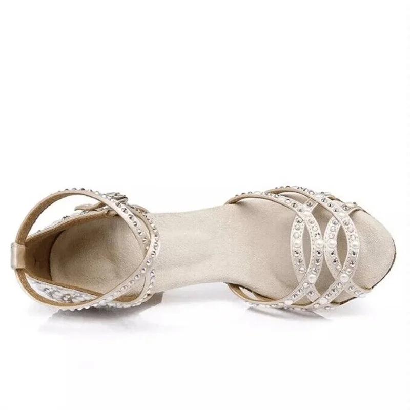 Damskie Buty do Tańca Łacińskiego, Wytłaczane Kolorowe Diamentowe Perłowe Sandały na Wysokim Obcasie, 7,5 cm Miękka Podeszwa Buty do Treningów Scenicznych