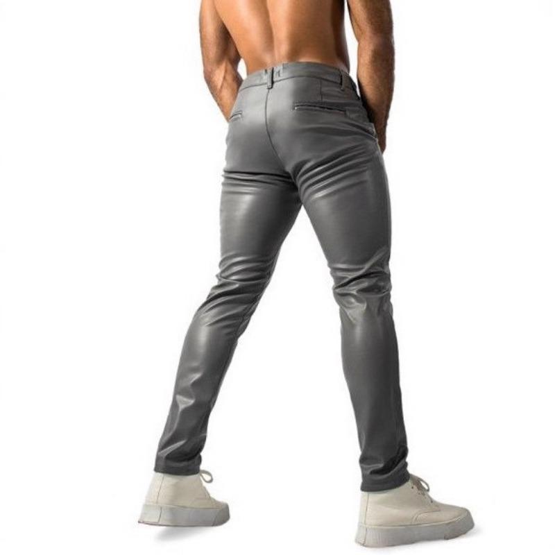 Pantaloni Lunghi Casual Skinny Elasticizzati Slim Fit in Ecopelle PU da Uomo