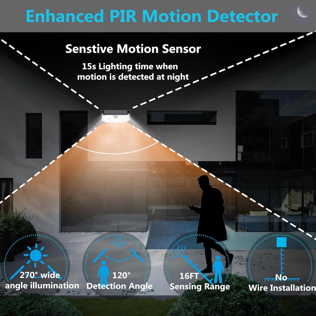 2Packs Solar Lights Outdoor Motion Sensor,466 LED Solar Powered Flood Lights 4000LM Solar Security Wall Lights with 3 Modes IP68 Waterproof for