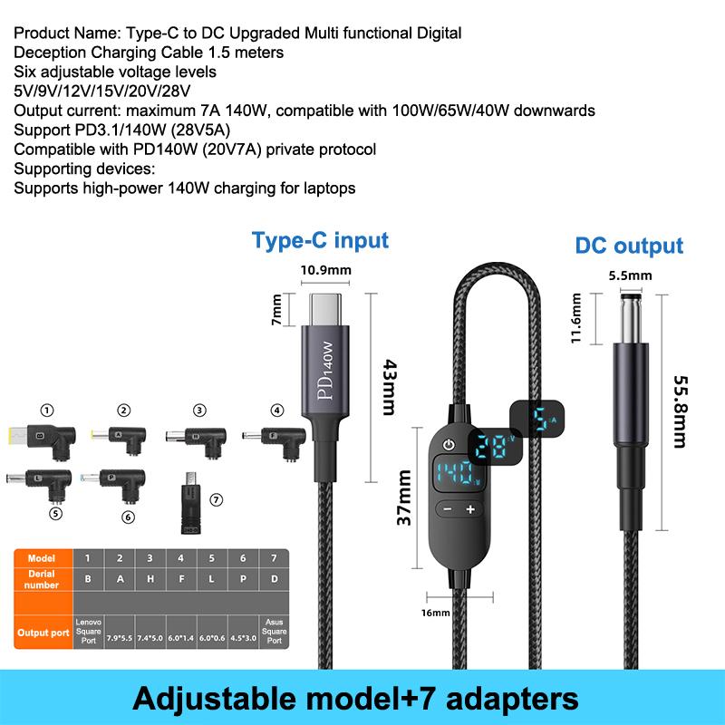 New USB C To DC Power Boost Cable Adjustable Voltage Adapter Connector Cord For Laptop Router PD140W /5V/9V/12V/15V/20V/28V