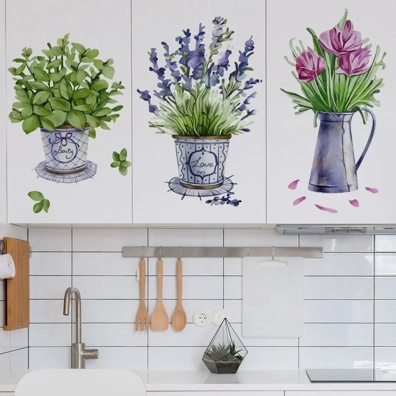 Watercolor Flower Pots Wall Sticker for Kitchen Home Decor Furniture Decoration Sticker for Living Room Decoration