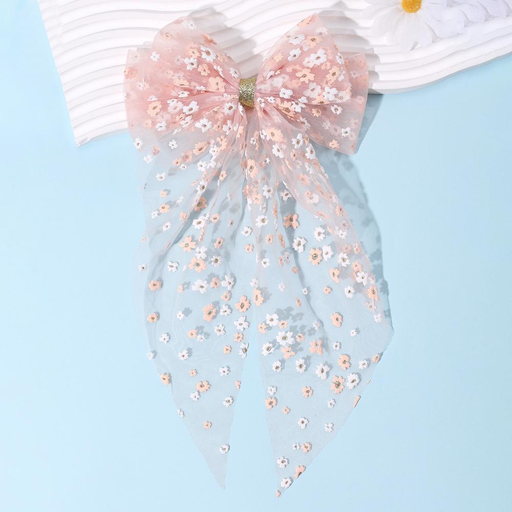 Tulle Large Bow Hair Clip Long Tail Pink Floral Print Elegant Sheer Fabric Hairpin For Women Girl Rustic Accessories Headwear