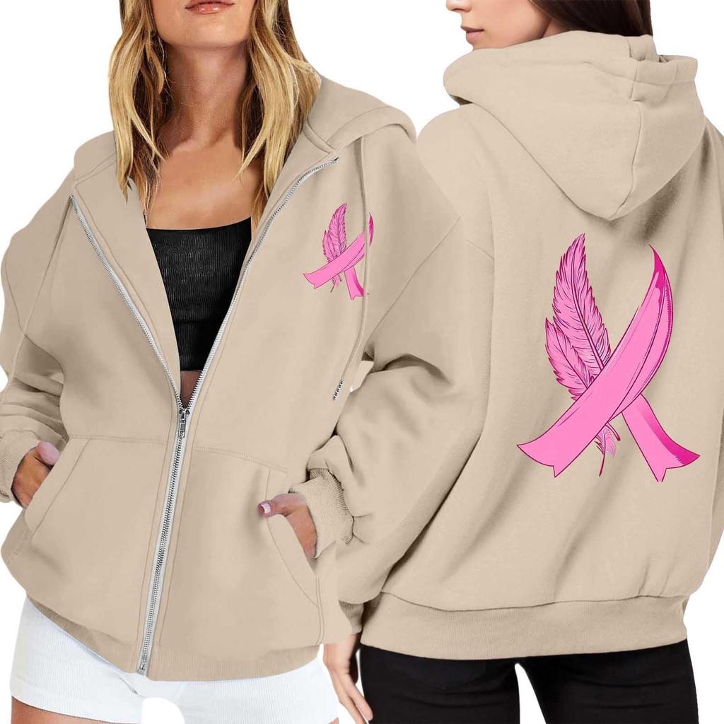 Women's Breast Sweatshirt Ribbon Breast Long Sleeve Hooded Pocket Casual Sweatshirt Jacket