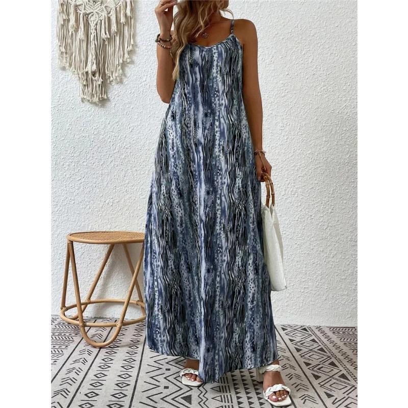 

2025 Women Sexy Strap Fashion Loose Long Dress Summer New Vintage Print Casual Holiday Bohemia Robe Maxi Vestidos Beach Dress 4XL peacock синього кольору