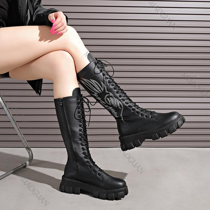 Fashion Embroidered Boots for Women 2025 Autumn New Thick-soled High-top Knee High Boots Retro Round Toe Long Platform Botas Femenina