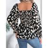 HNXC Autumn and Winter Casual Black Ear-trimmed Square Neck Leopard Print Long-sleeved Chiffon Blouse for Women