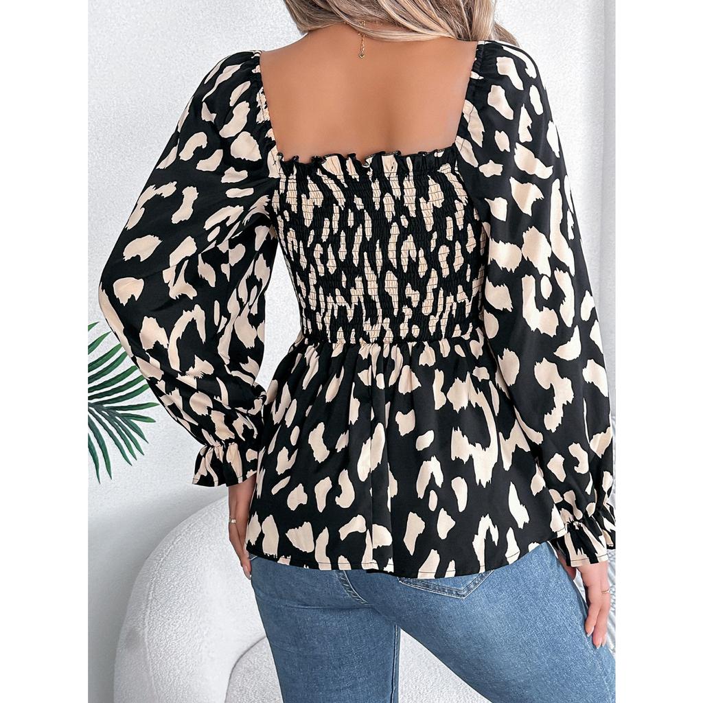 HNXC Autumn and Winter Casual Black Ear-trimmed Square Neck Leopard Print Long-sleeved Chiffon Blouse for Women
