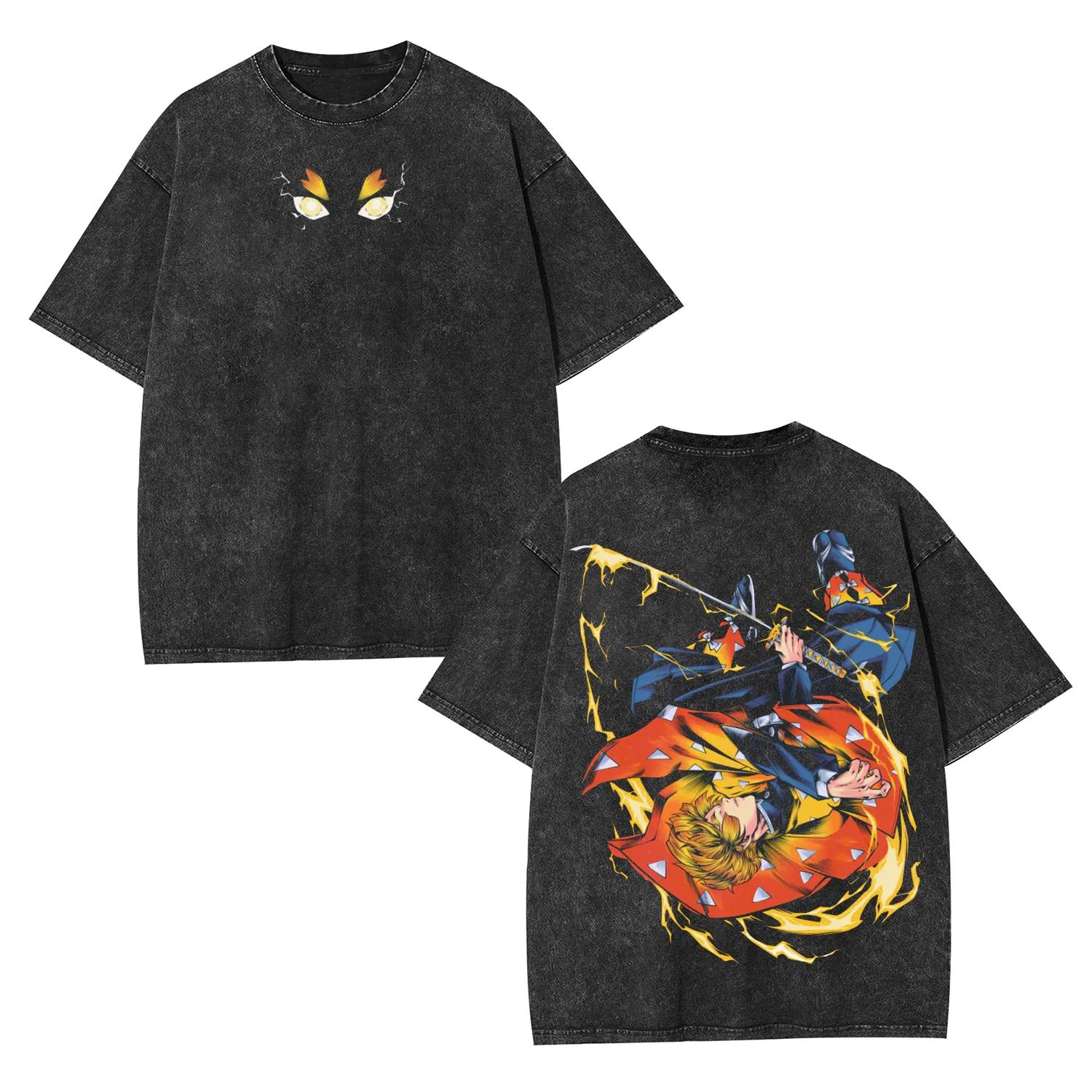 

Графическая футболка Zenitsu Demon Slayer Мужская Женская Одежда Уличная Мода Выстиранная Футболка Оверсайз Чистый Хлопок Футболки с Коротким Рукавом XXL чёрный