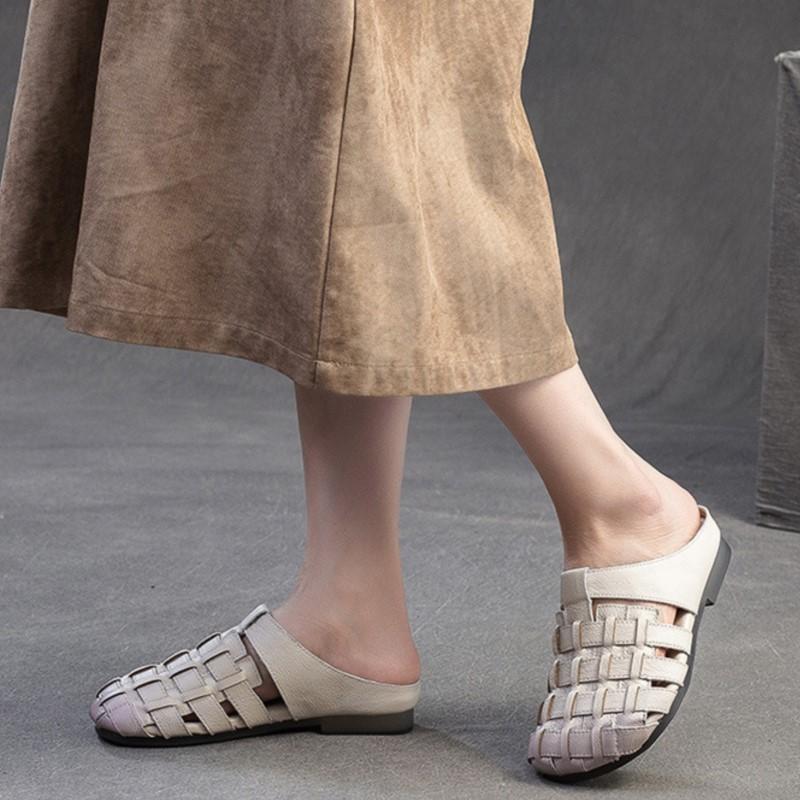 Fashion GKTINOO 2025 Summer New Handmade Woven Breathable Flat Slippers Casual Genuine Leather Women's Slip-on Shoes