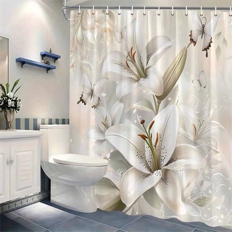 1pc Elegant White Lily and Butterfly Shower Curtain - Dreamy Romantic Style, Machine Washable Polyester for Bathroom