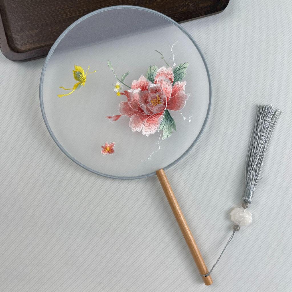 Ancient Chinese Round Hand Fan: Suzhou Double-Sided Embroidery with Peony Design for Hanfu Dance