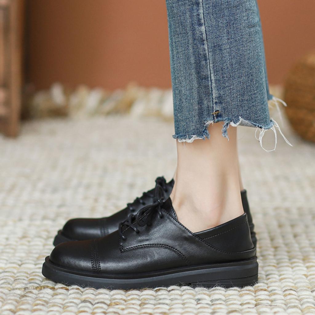 Mode Damen Einfarbige Kunstleder Quadratische Absätze Schnürung Runde Spitze Freizeitschuhe Damenschuhe Flip-Flops