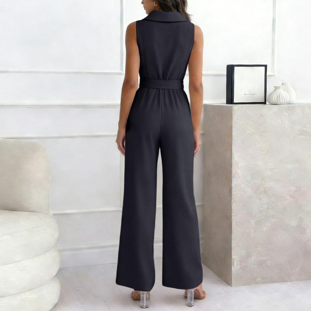 Women's Fashionable Casual High Waisted Wide Leg Tapered Jumpsuit With Tie Waist For Commuting