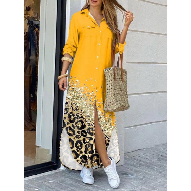 

YYFS Женская мода весна осень леопардовый принт длинный рукав воротник поло свободная талия повседневные платья XXL жёлтый