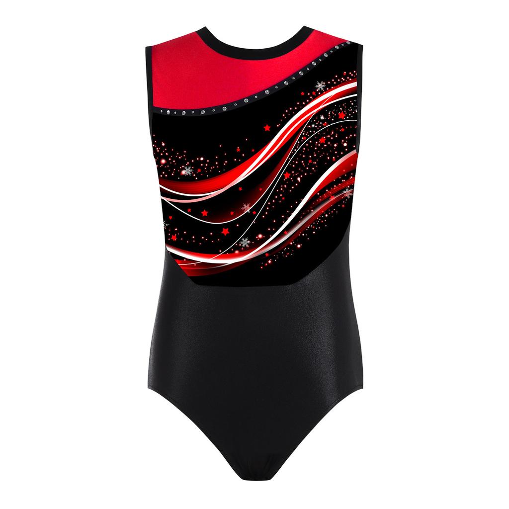 Girls Stylish Print Round Neck Sleeveless Patchwork Gymnastics Leotard Figure Skating Acrobatics Dance Bodysuit