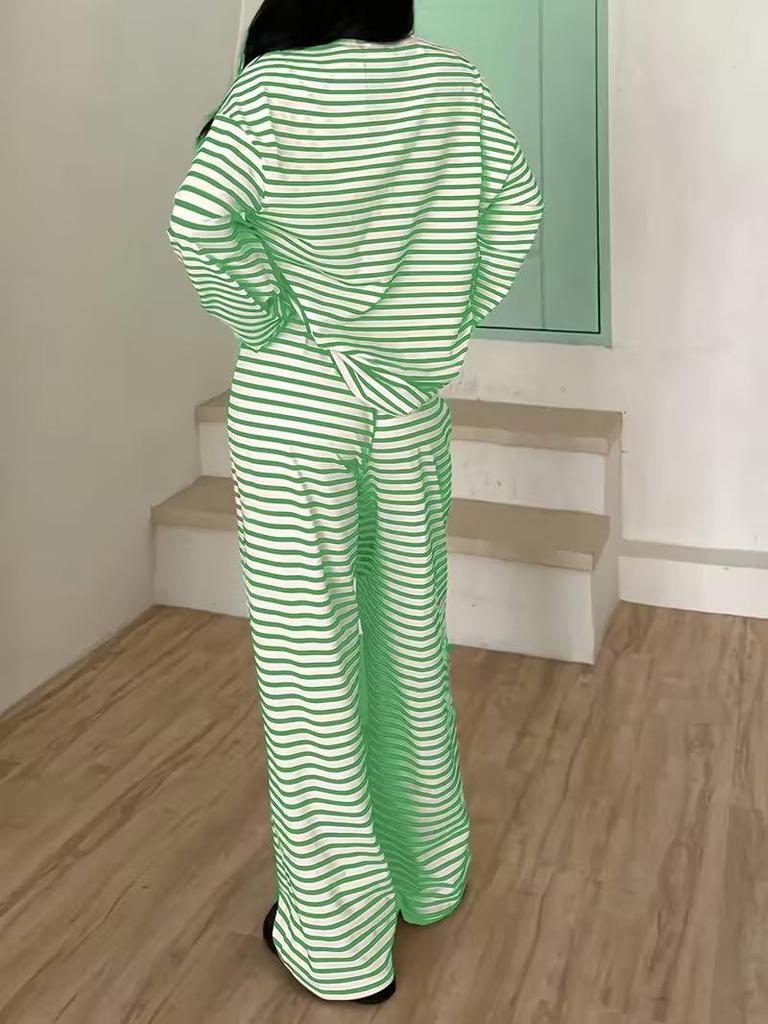 European and American Women's Striped Casual Suit: Long Sleeve Top & High Waist Pants Two-Piece Set (Spring/Autumn 2026)