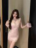 Summer Pink Lace Slim Waist Dress with Square Neck
