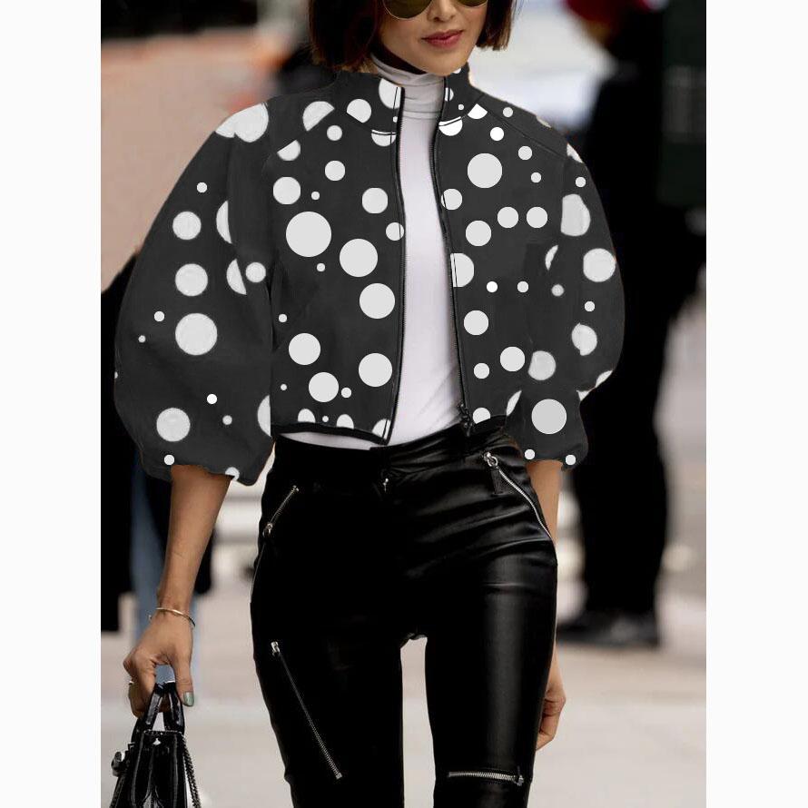 Весенне-осенняя женская модная короткая блузка с принтом в горошек XL чёрный