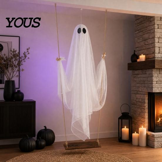 Swinging Ghost Light Halloween Decoration, Large Hanging Swing with LED String Lights, Button Battery Powered Figure for Outdoor Indoor Party