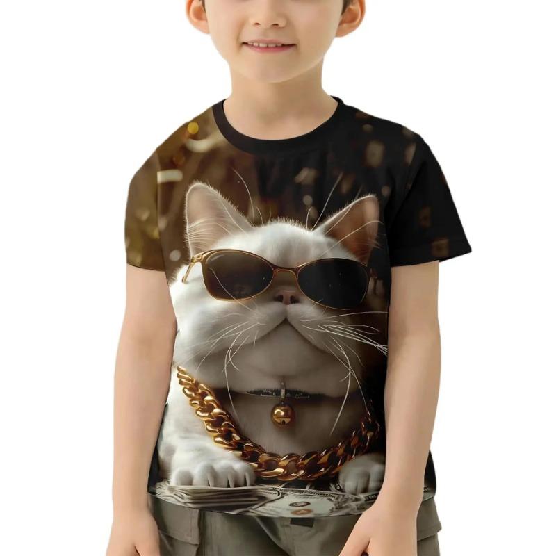 Summer Round Neck 3D Cat Pattern Printed Top Fashionable and Casual Short Sleeved Children's Boy T-shirts