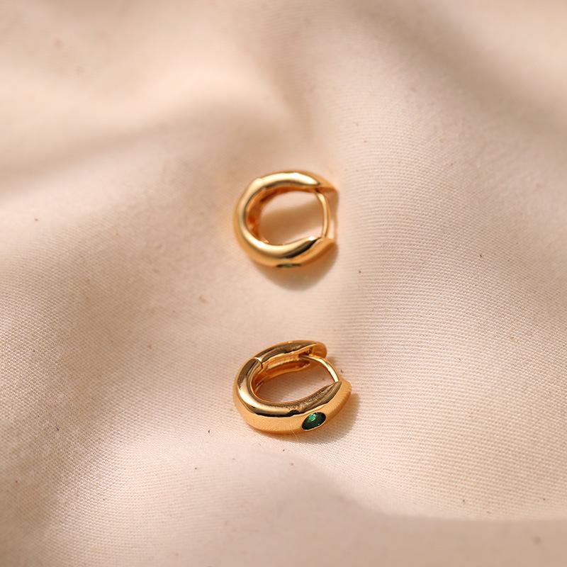 Women 18k Gold Plated Brass Small Plain Hoop Earrings Inlaid Green Zircon