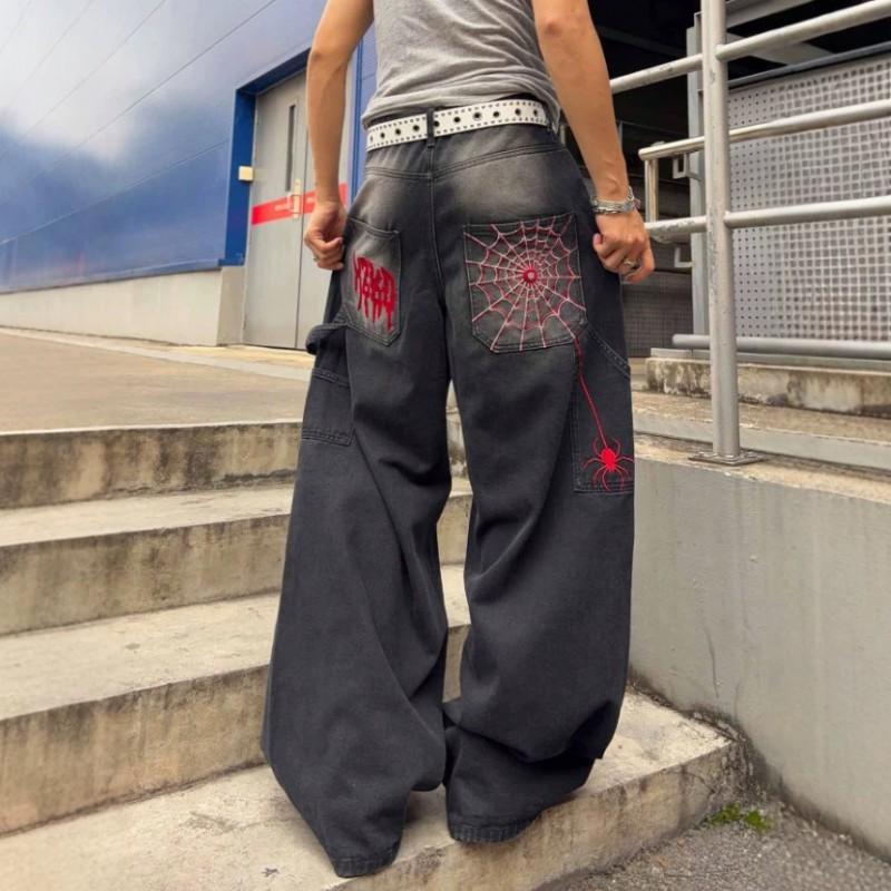 2026 Distressed Low Waist Jeans Streetwear Spider Web Denim Pants Men Women