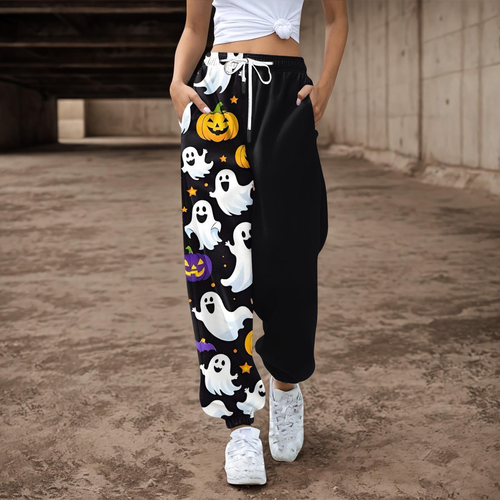 

Женские повседневные брюки с принтом на Хэллоуин, эластичные брюки с завязками на талии XL чёрный