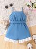Summer children's 3-7 years old one-piece dress with strapless lace edges and bow buttons - denim girls' one-piece casual fashion children's pants