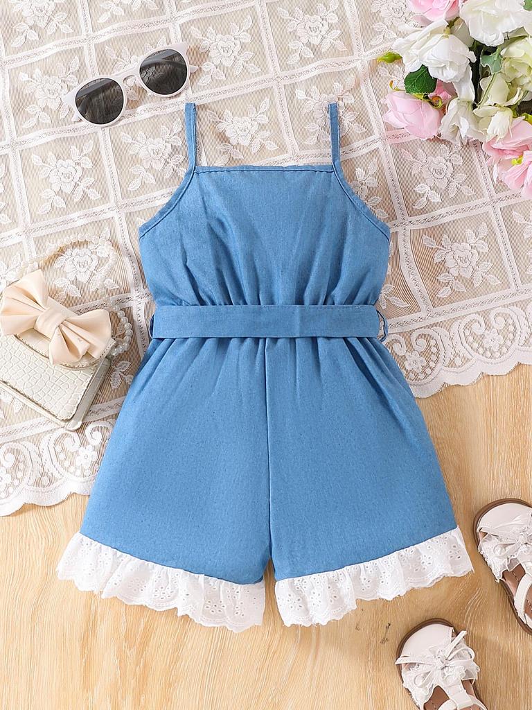 Summer children's 3-7 years old one-piece dress with strapless lace edges and bow buttons - denim girls' one-piece casual fashion children's pants