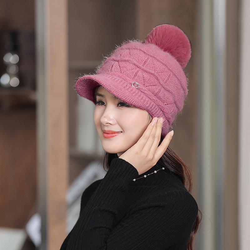 Autumn and Winter Hat Female Winter Warm Padded Knitted Cap Wool Cap Thickened Duck Tongue Cap Warm Plush Ear Protection Cap Beret
