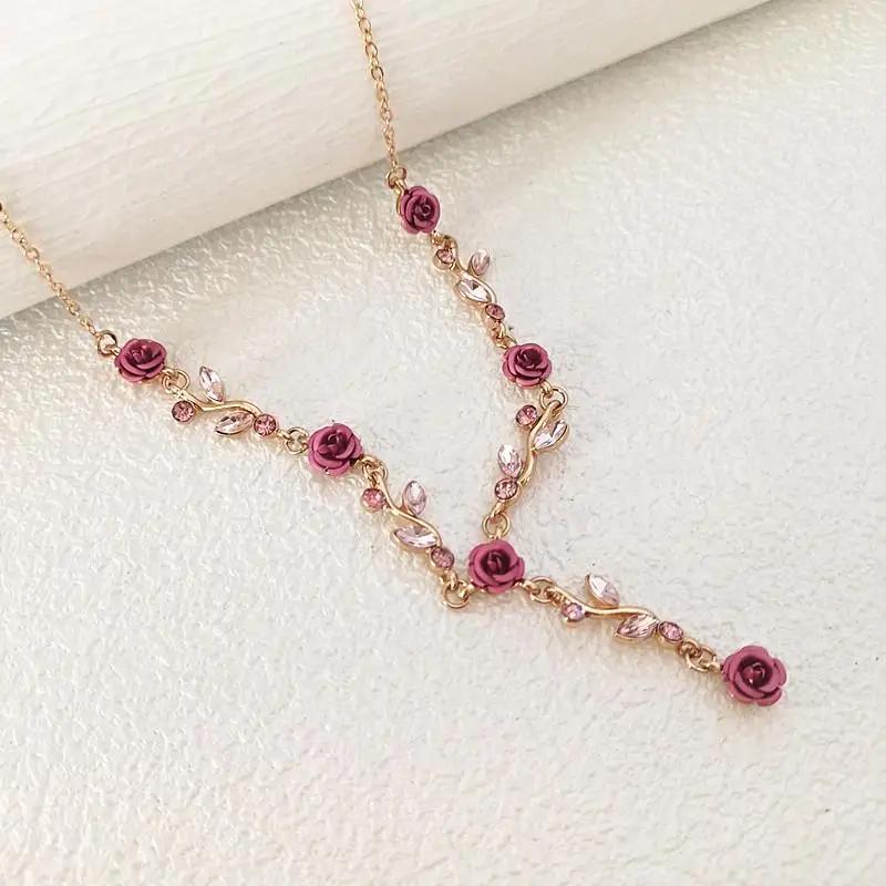 Fashion French Romantic Rose Flower Necklace Bracelet Earring For Women Jewelry Accessries Gifts